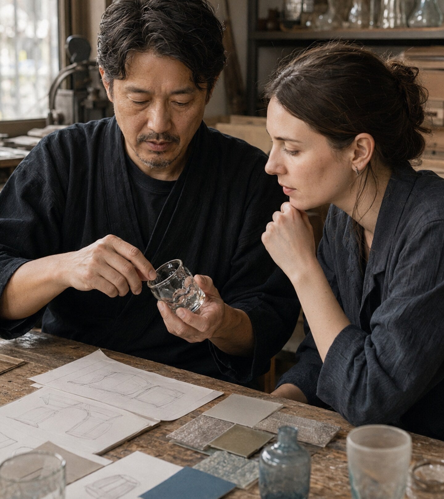 Artisan and designer reviewing a handcrafted prototype in a Japanese workshop