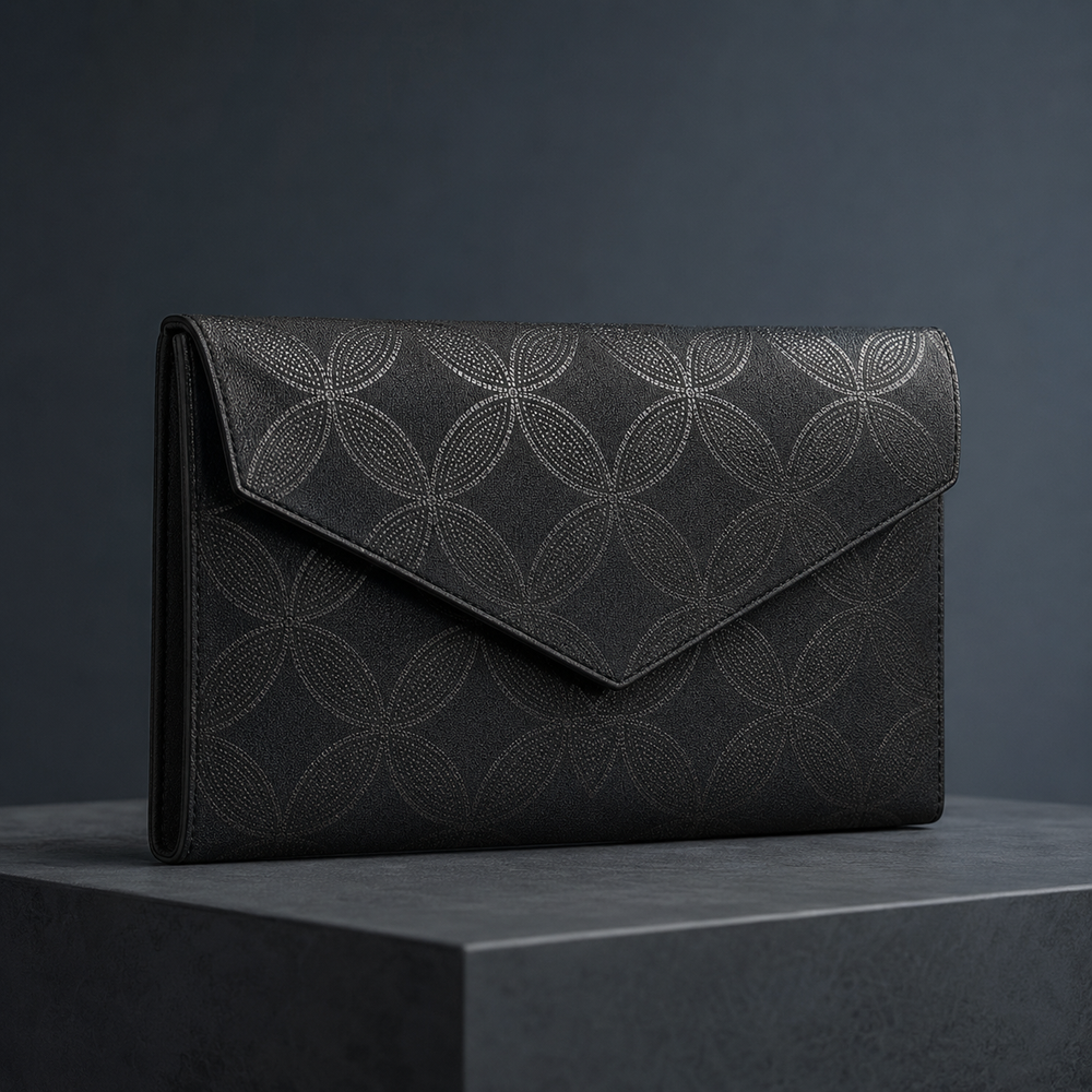 甲州印伝 Pouch Bag — Navy × Gold Tortoiseshell