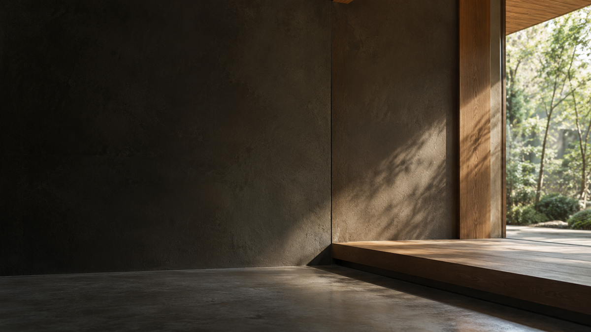 A quiet Japanese interior with textured plaster walls, natural timber and soft garden light