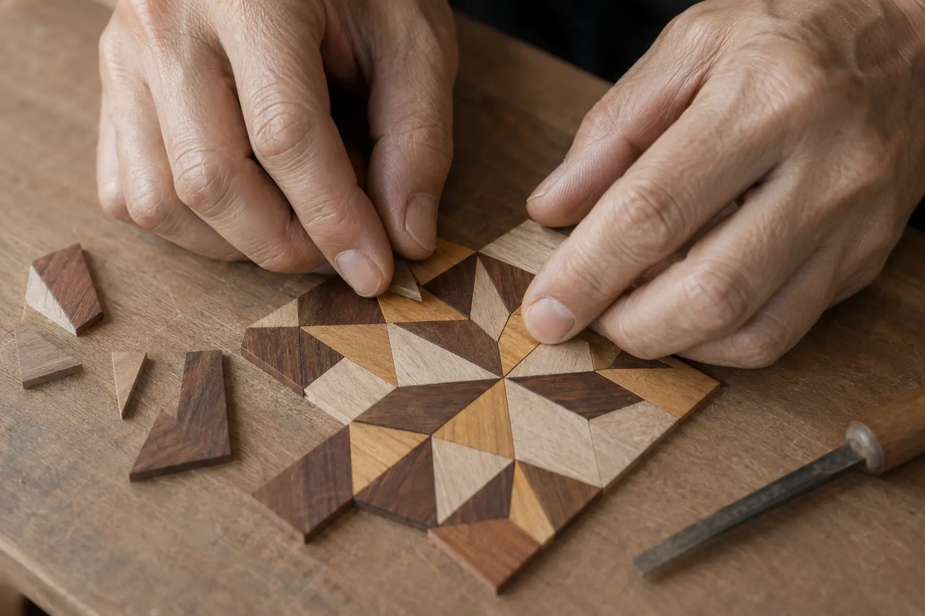 Hands carefully applying a pattern to indigo material.